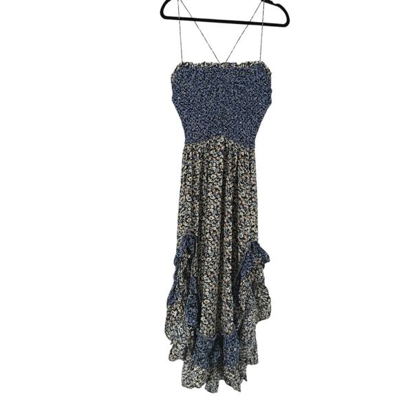 Free People One I Love Dress Denim Combo S Midi Ditsy Floral Blue Smocked Boho - Picture 3 of 10